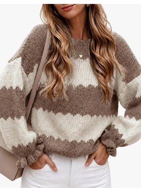 Cozy Chevron Knit Sweater - Cream & Taupe